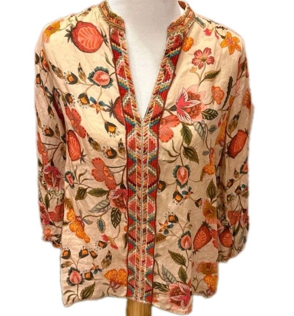 Johnny Was Workshop Floral Embroidered Split Neckline Boho Festival Style Tunic